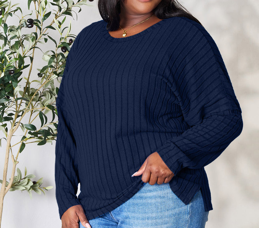 Basic Bae Full Size Ribbed Round Neck Slit Knit Top