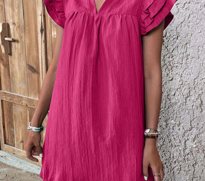 Ruffled Notched Cap Sleeve Mini Dress