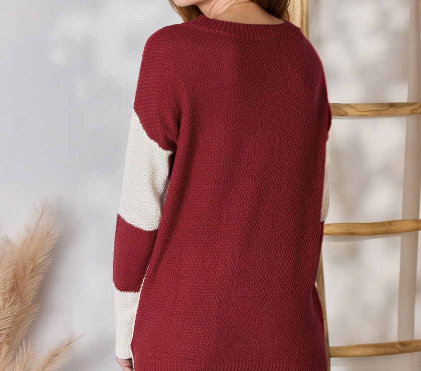 Hailey & Co Full Size Color Block Dropped Shoulder Knit Top