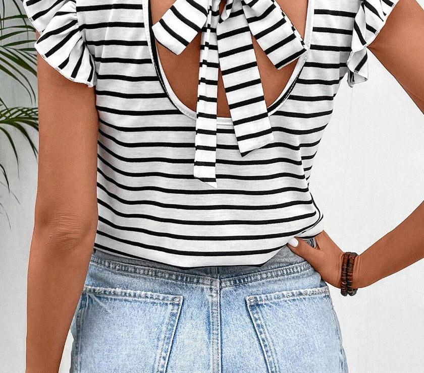 Tied Striped V-Neck Cap Sleeve T-Shirt