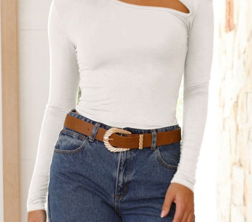 Cutout Asymmetrical Neck Long Sleeve T-Shirt