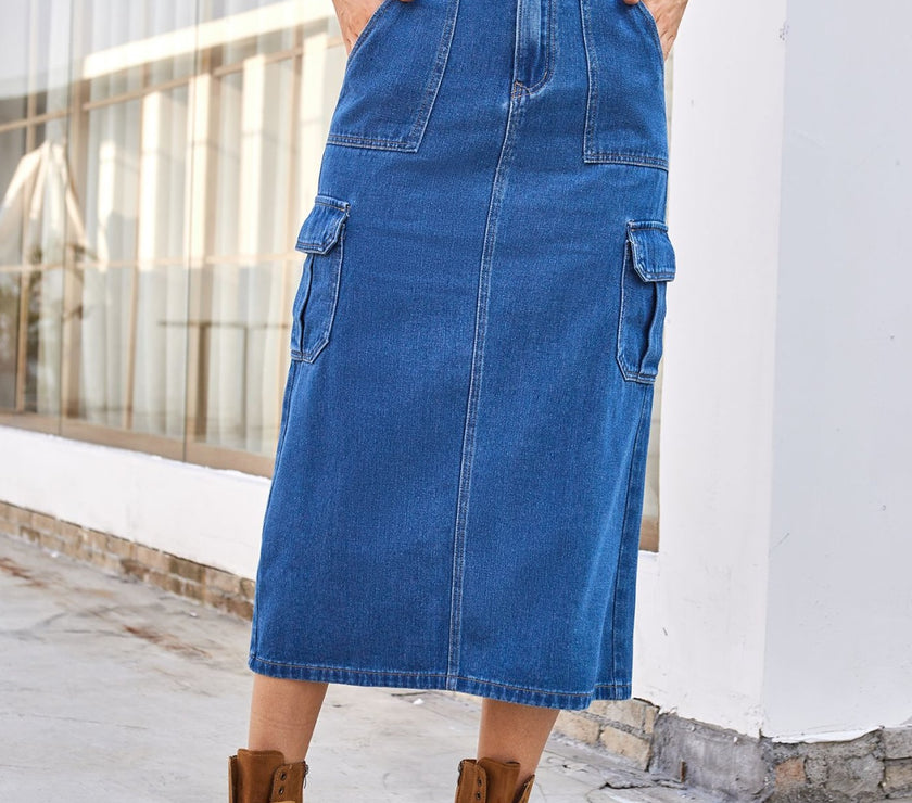 Slit Midi Denim Skirt with Pockets