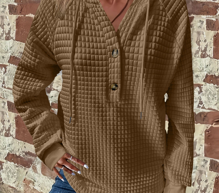 Full Size Texture Button Detail Drawstring Long Sleeve Hoodie