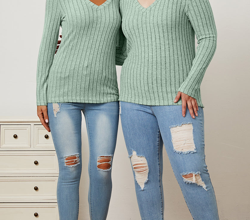 Basic Bae Full Size Ribbed V-Neck Long Sleeve T-Shirt