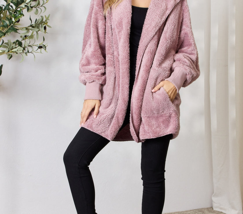 H&T Faux Fur Open Front Hooded Jacket