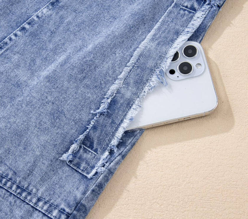 Raw Hem Button Down Long Sleeve Denim Dress