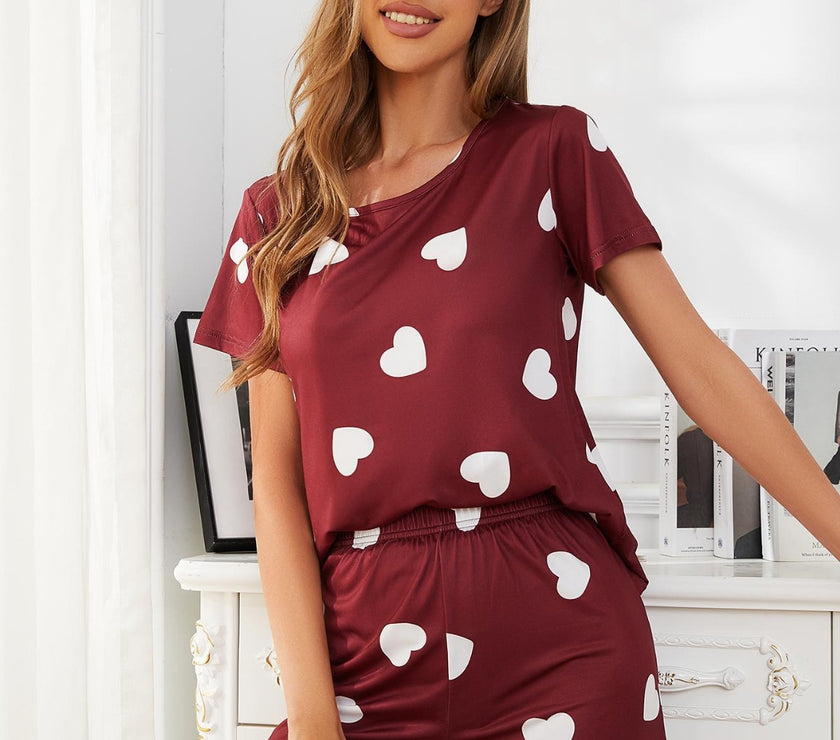 Heart Round Neck Top and Shorts Lounge Set