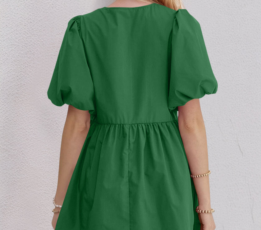 Oh Bow Ruched Puff Sleeve Mini Dress