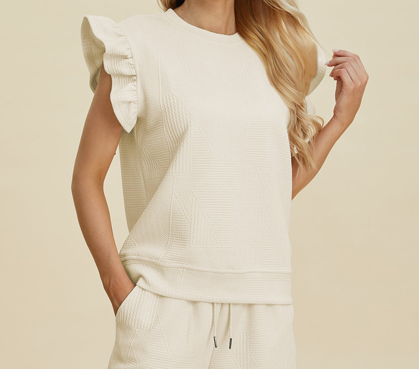 Double Take Full Size Texture Round Neck Ruffle Sleeve Top and Shorts Set