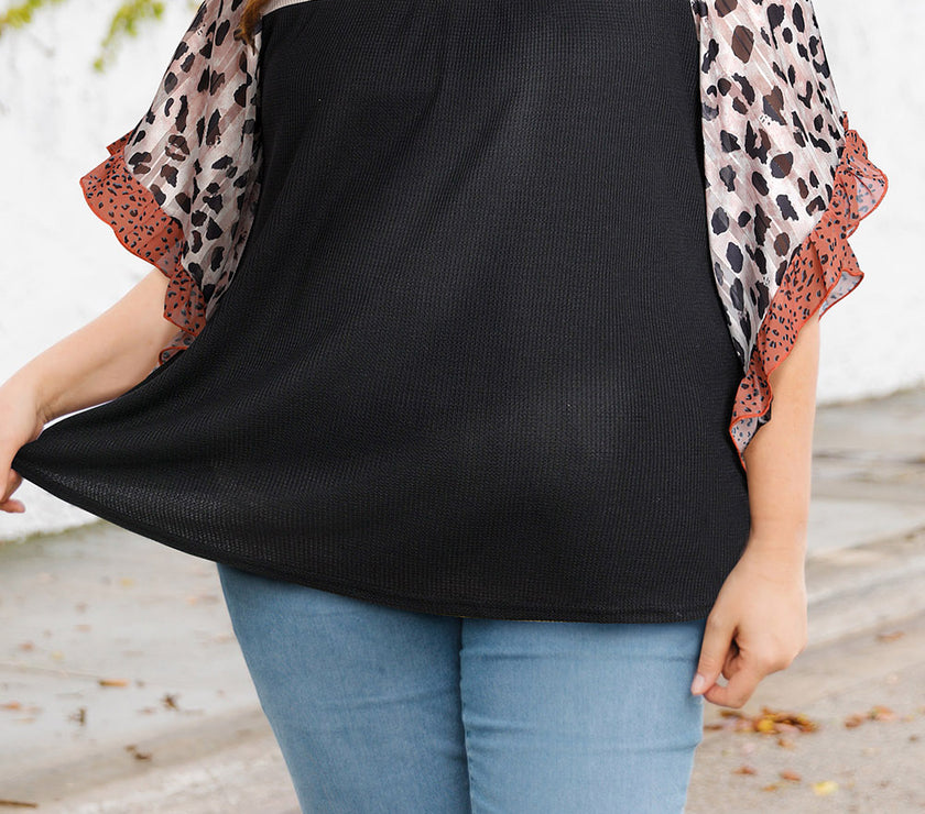 Plus Size Printed Color Block Ruffled Blouse