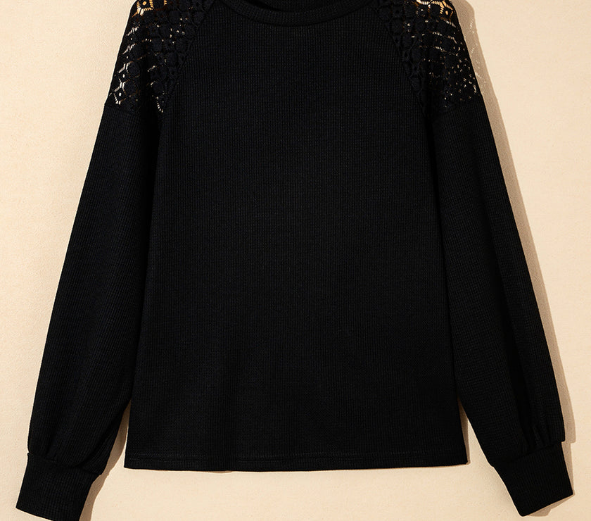 Lace Detail Round Neck Lantern Sleeve Top