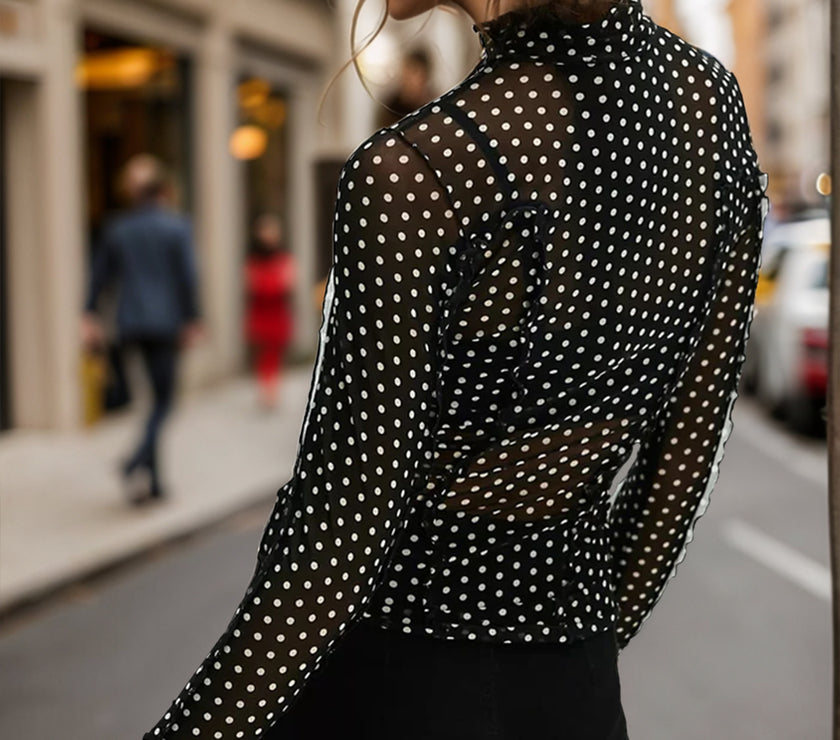 Oh Full Size Frill Printed Mock Neck Long Sleeve Top