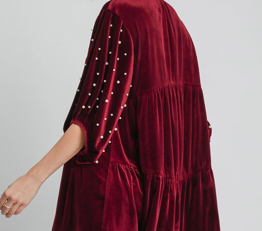 Umgee Pearl Detail Collared Neck Velvet Babydoll Blouse