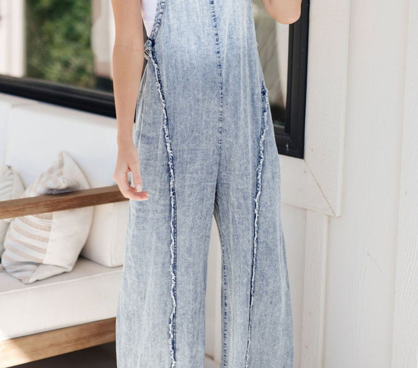 Frayed Exposed Seam Wide Leg Denim Overalls