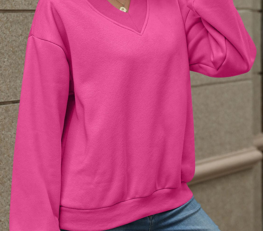 V-Neck Long Sleeve Dropped Shoulder Sweatshirt