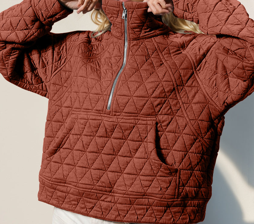Double Take Half Zip Long Sleeve Quilted Sweatshirt with Pocket