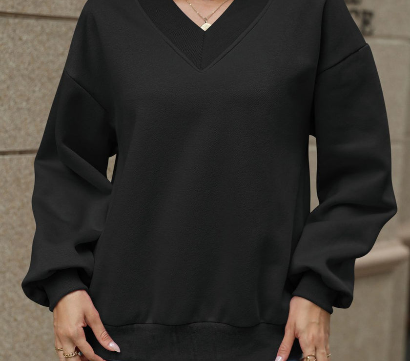 V-Neck Long Sleeve Dropped Shoulder Sweatshirt
