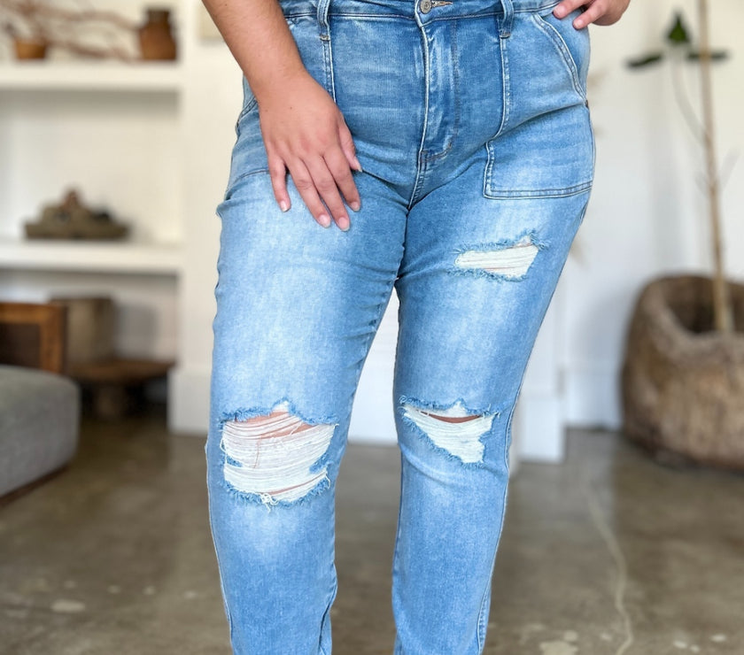 Judy Blue Full Size Distressed Straight Jeans with Patch Pockets