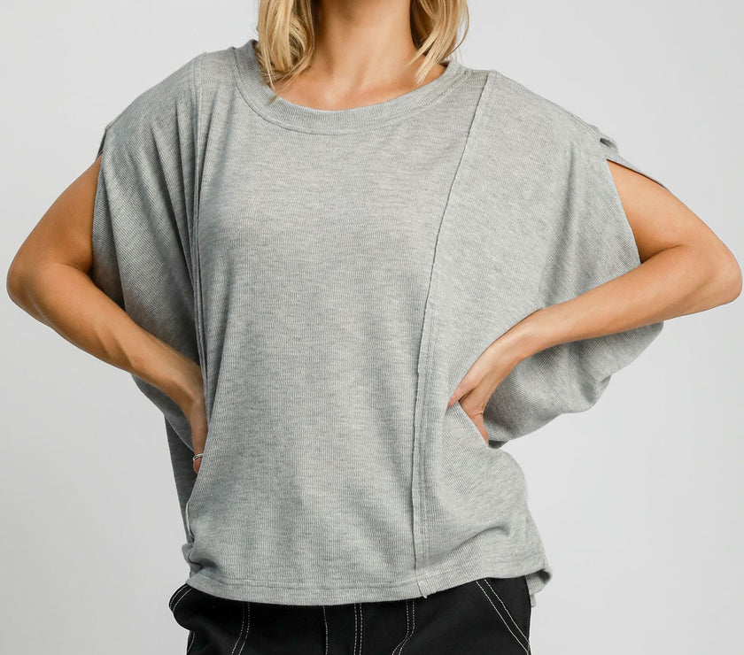 Umgee Exposed Seam Round Neck Batwing Sleeve Knit Top