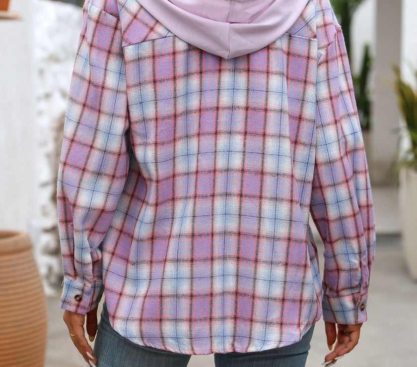 Plaid Long Sleeve Hooded Jacket