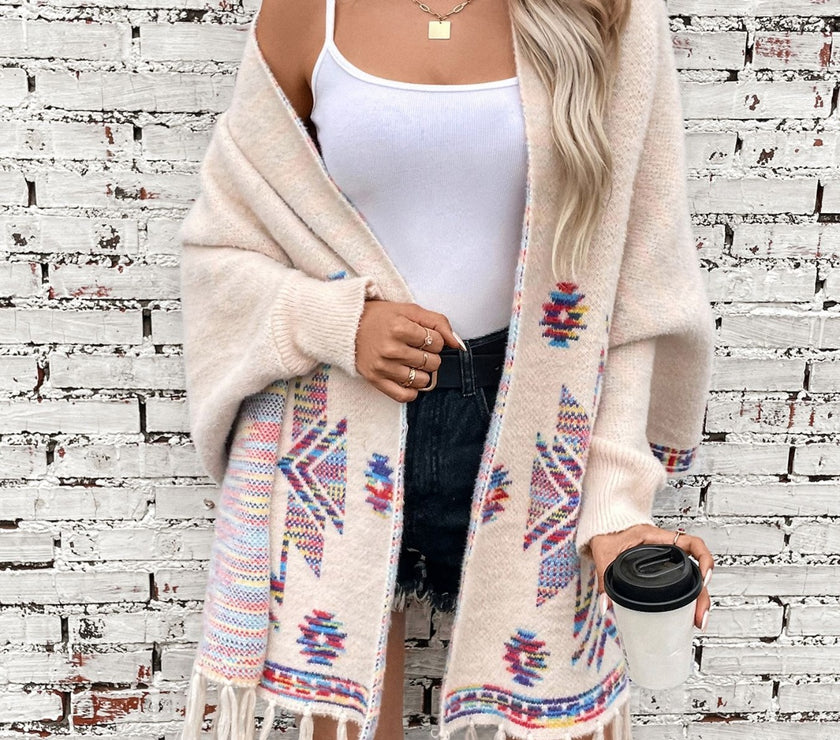 Fringe Geometric Open Front Long Sleeve Cape