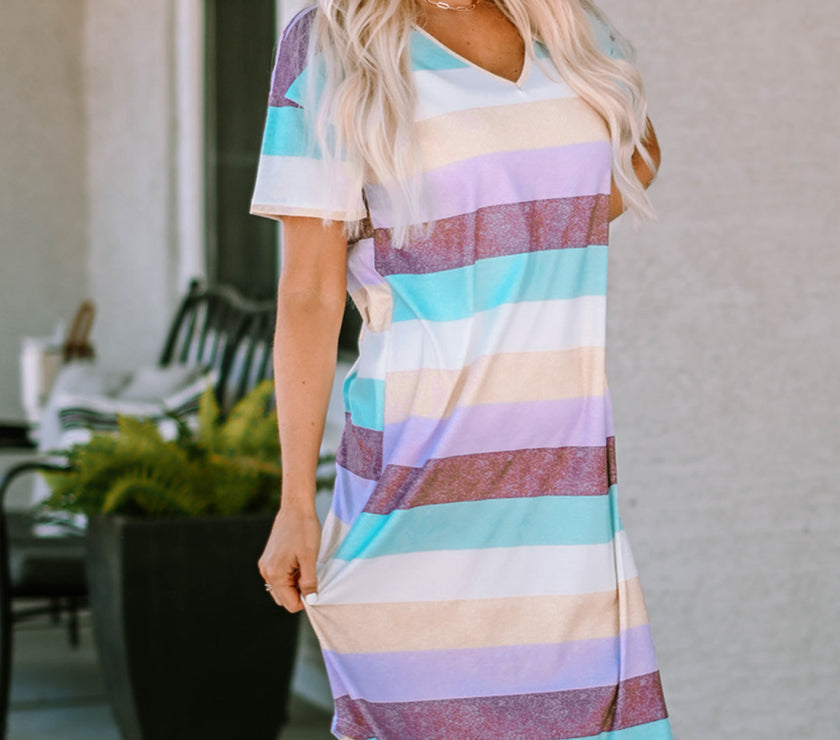Striped V-Neck Curved Hem Midi Dress