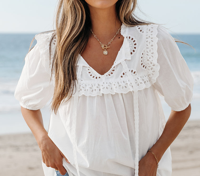 White Embroidered Lace Patchwork Tie Neck Puff Short Sleeve Blouse