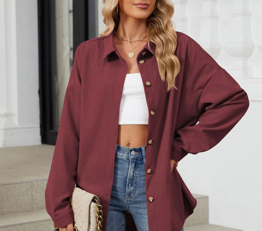 Collared Neck Long Sleeve Dropped Shoulder Shirt