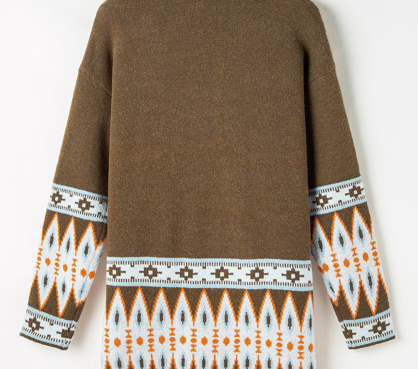 Brown Aztec Print Open Front Knitted Cardigan