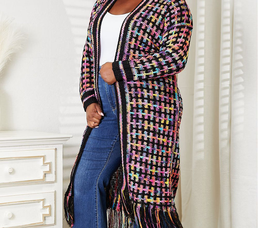 Angel Wings Full Size Multicolored Open Front Fringe Hem Cardigan