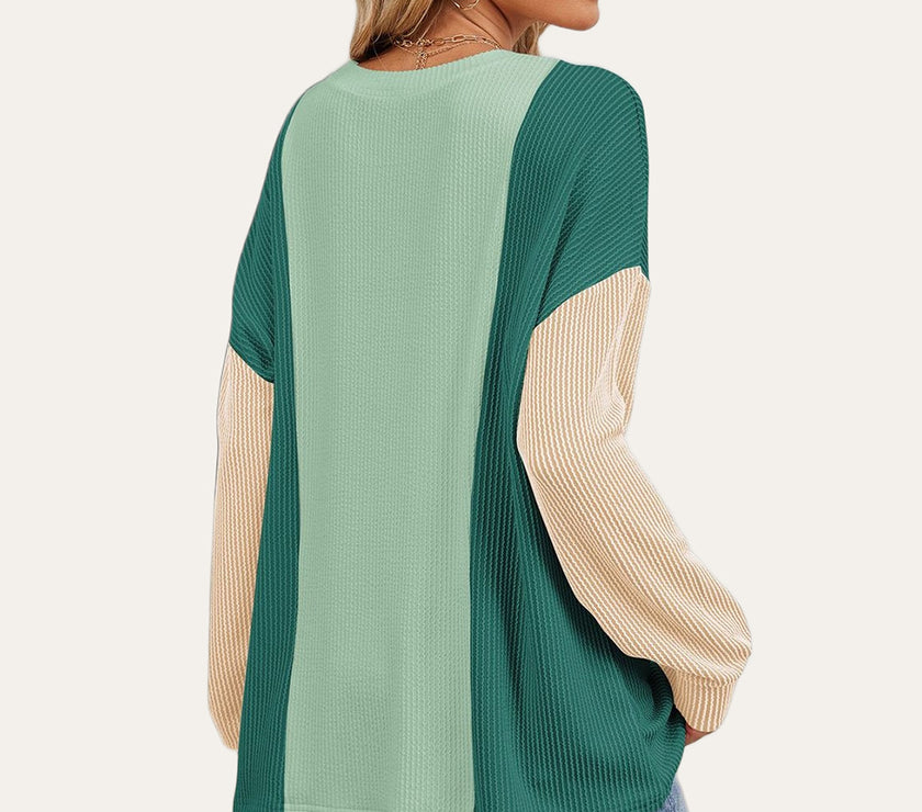 Double Take Texture Contrast Round Neck Long Sleeve T-Shirt
