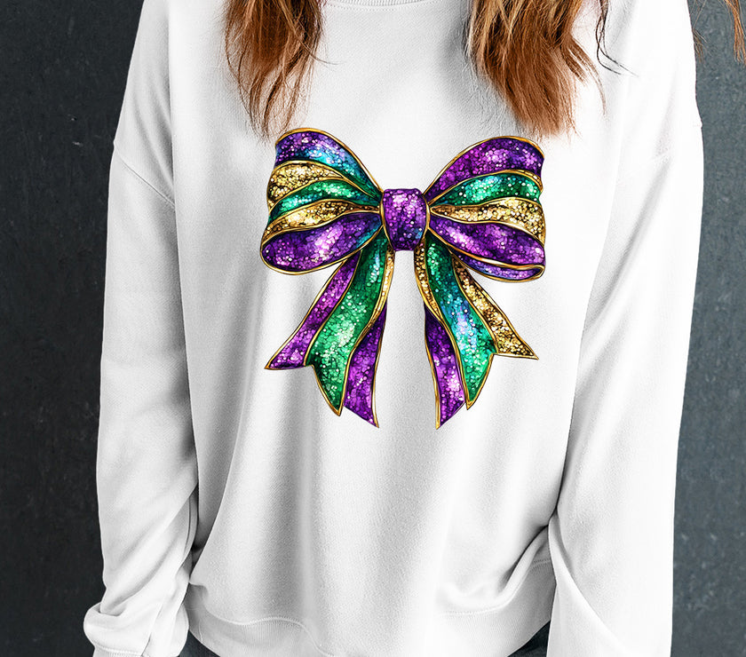 White Mardi Gras Bow Graphic Drop Shoulder Sweatshirt
