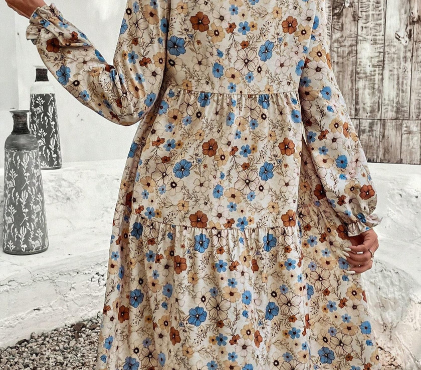 Tiered Floral Round Neck Long Sleeve Dress