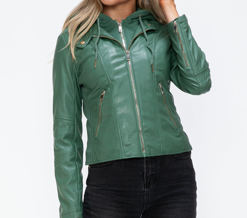 Snobbish Faux Leather Zip Up Drawstring Hooded Jacket