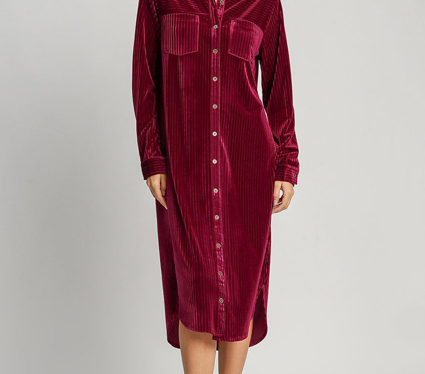 Umgee Texture Curved Hem Button Down Shirt Dress