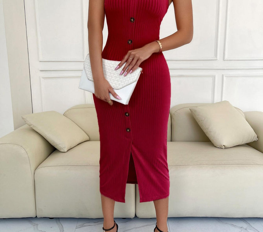 Ribbed Slit Decorative Button Cami Dress
