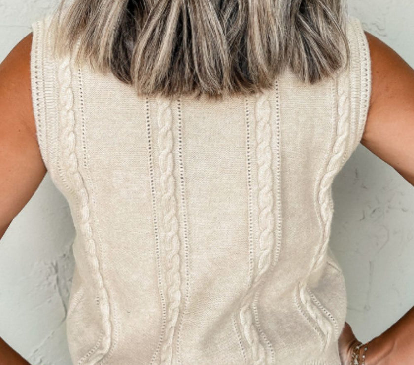 Embroidered Cable-Knit Round Neck Sweater Vest