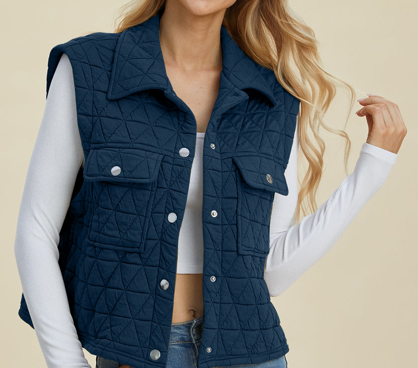 Double Take Full Size Pocketed Texture Snap Down Vest Coat