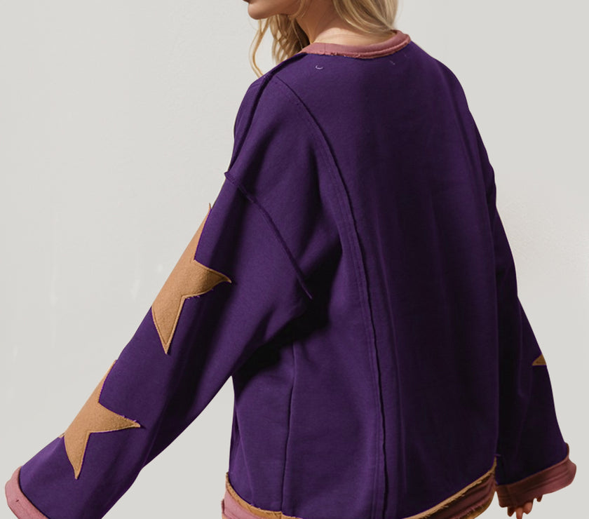 Double Take Star Patched Long Sleeve Sweatshirt