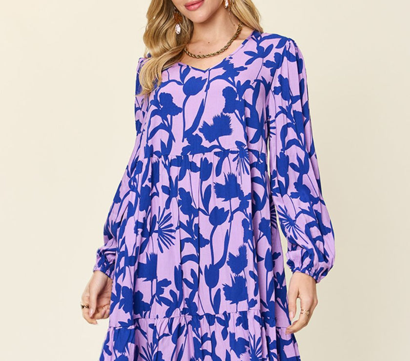 Double Take Full Size Printed Ruffle Hem Dress with Pocket