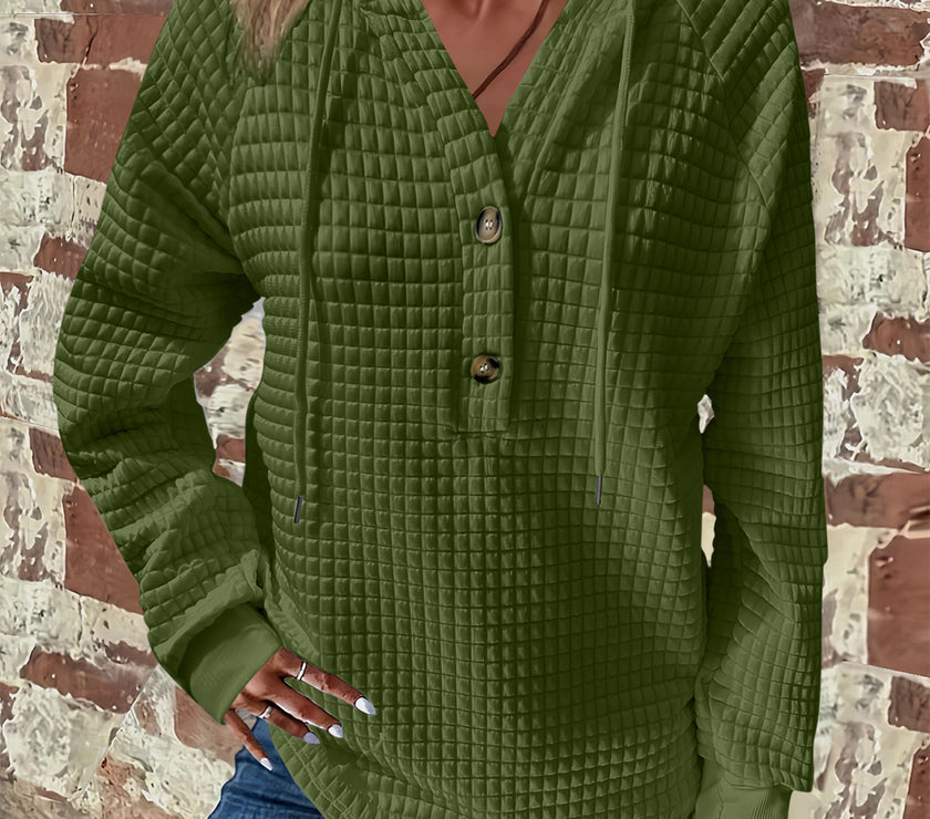 Full Size Texture Button Detail Drawstring Long Sleeve Hoodie