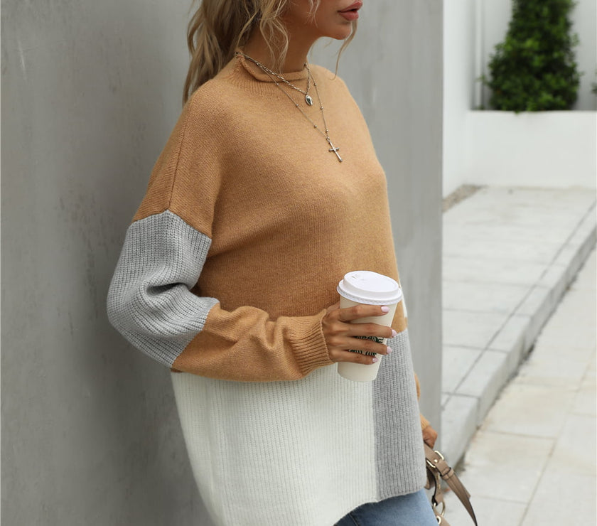 Angel Wings Color Block Round Neck Dropped Shoulder Sweater
