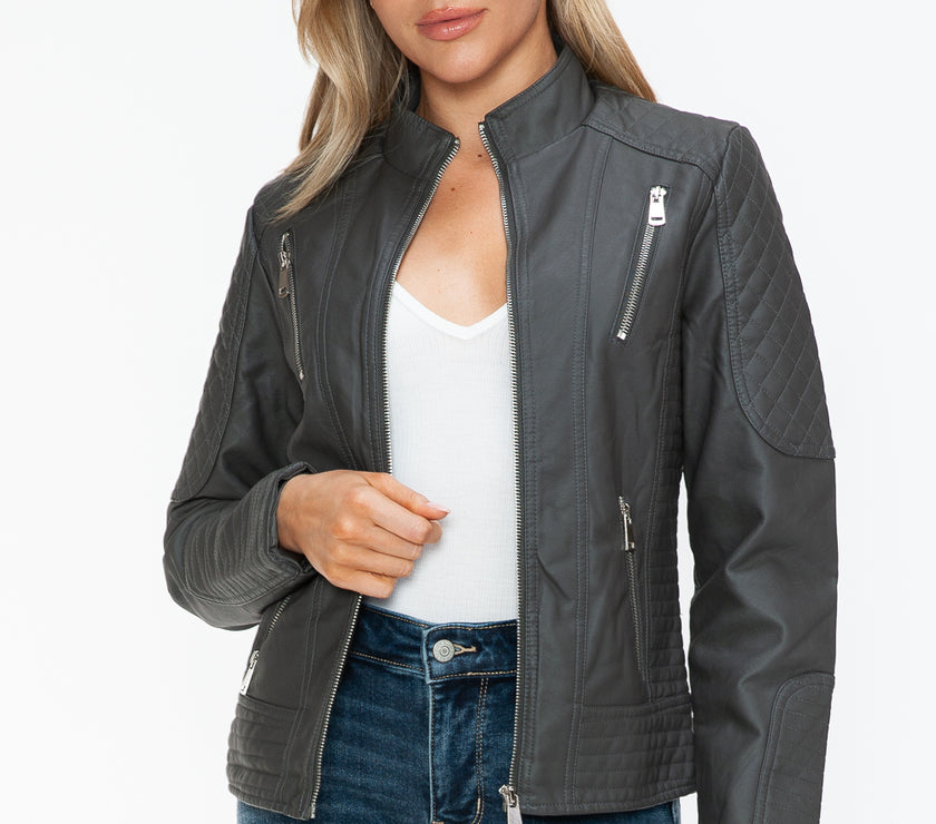 Snobbish Faux Leather Zip Up Mock Neck Jacket