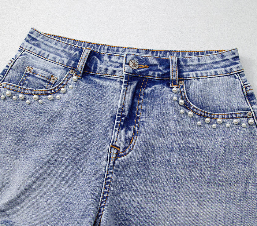Beau Blue Pearl Studded Pockets Raw Hem Denim Shorts