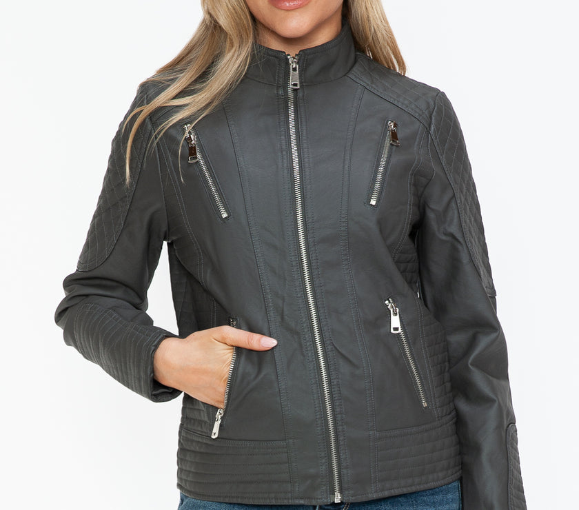 Snobbish Faux Leather Zip Up Mock Neck Jacket