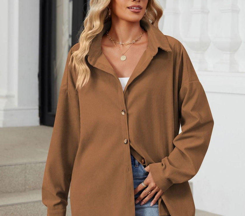 Collared Neck Long Sleeve Dropped Shoulder Shirt