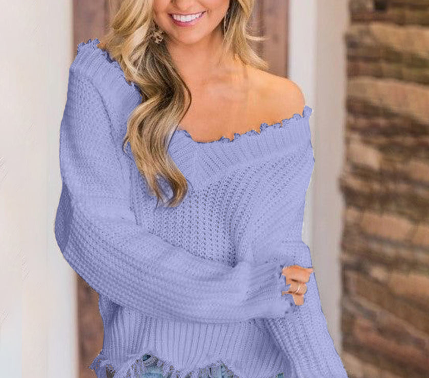 Frayed Hem Dropped Shoulder Sweater