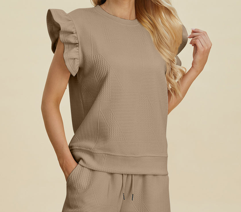 Double Take Full Size Texture Round Neck Ruffle Sleeve Top and Shorts Set
