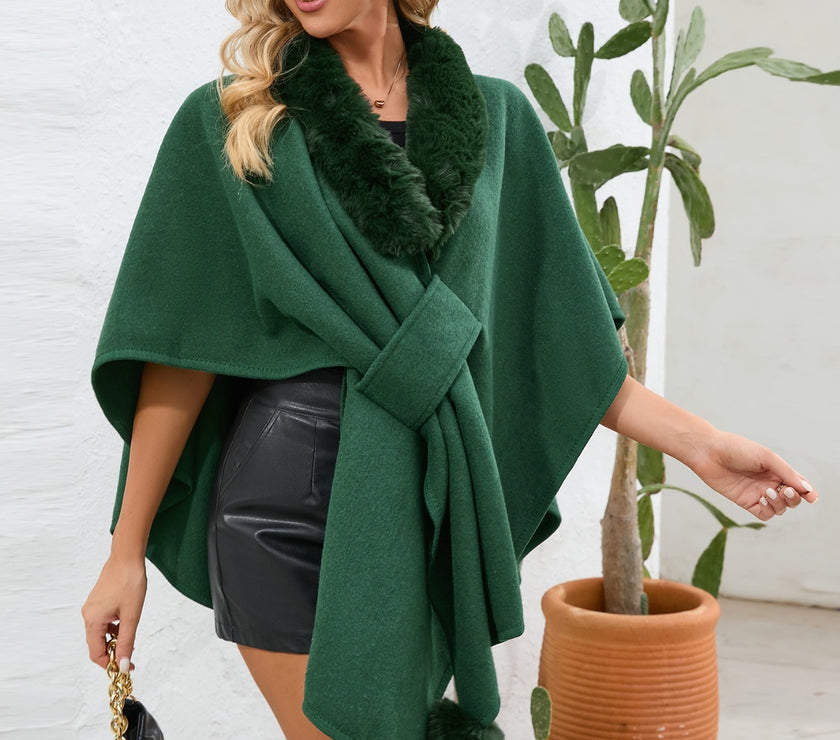 Fuzzy Trim Open Front Poncho