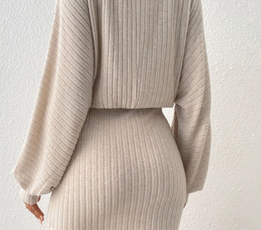 Round Neck Tie Waist Long Sleeve Mini Dress